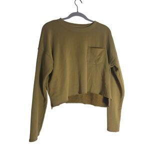Aerie Cropped Terry Crewneck Sweatshirt Brown Yellow Pocket Cozy Casual Cute